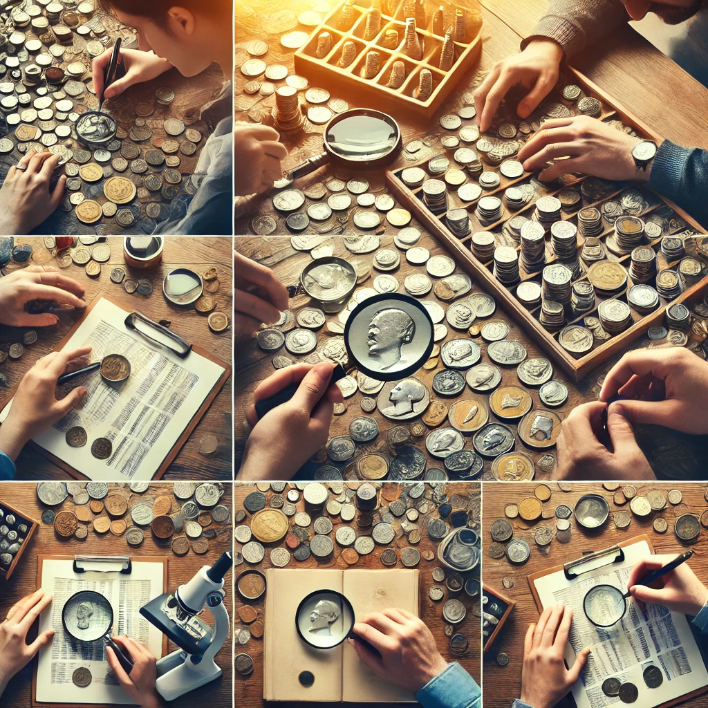 A collection of people inspecting coins using magnifying glasses and tools, focused on detecting valuable or rare coins.