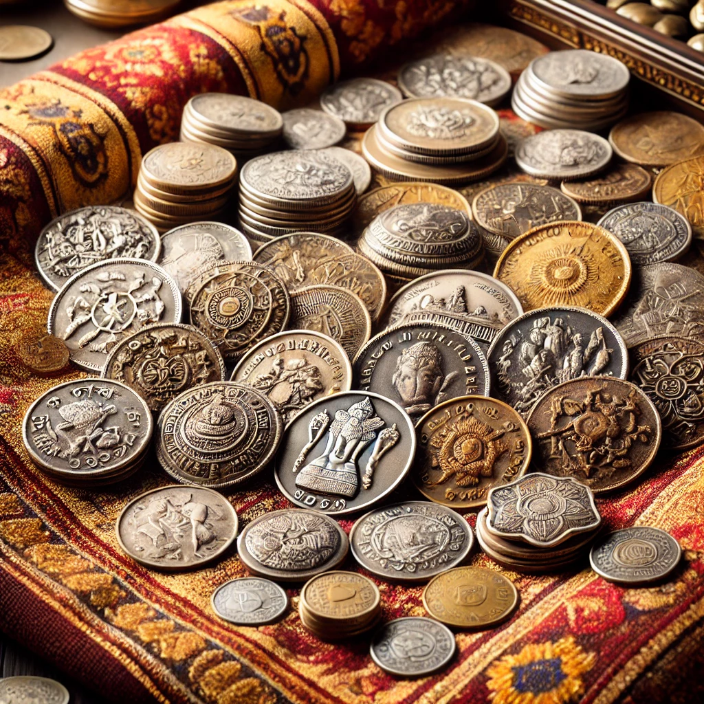 A collection of valuable Indian coins displayed on a traditional Indian cloth, showcasing various coins from different historical periods