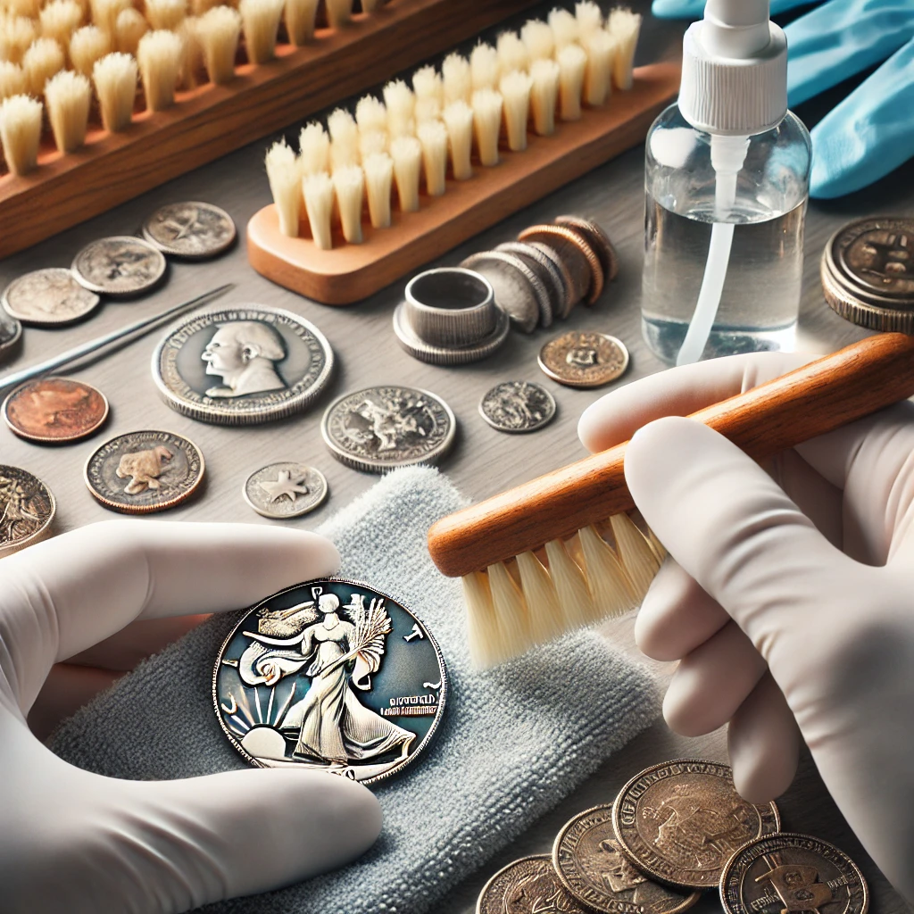 cleaning a rare coin using soft cleaning tools, such as a brush and cloth