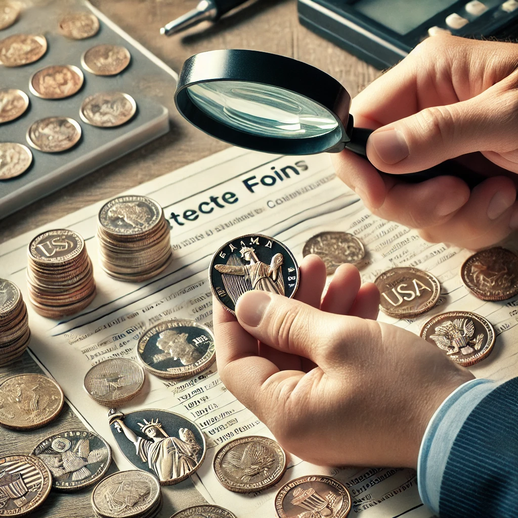 A person carefully examining a fake USA coin with a magnifying glass